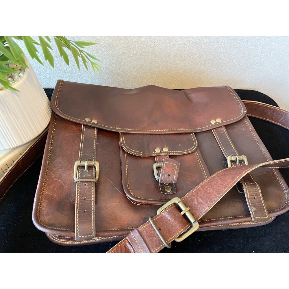 Unbranded Men's Brown Leather Messenger Bag 15 inches